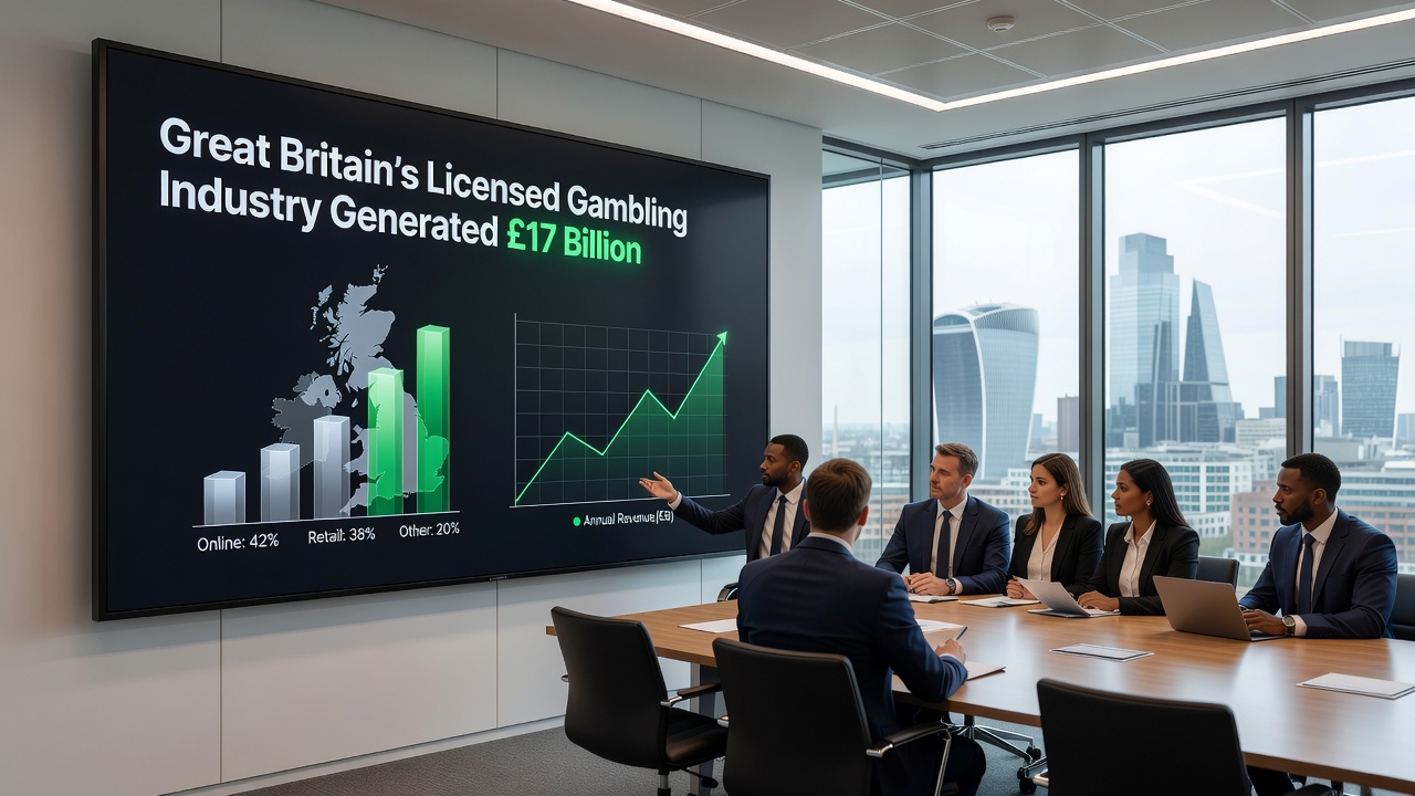 Infographic summarizing remote and land-based gambling yield splits for Great Britain 2025-2026